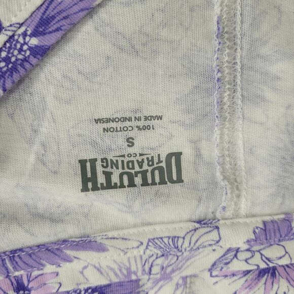 Duluth White V-neck Short Sleeve T-shirt with Allover Purple Floral Print Small - Picture 3 of 4